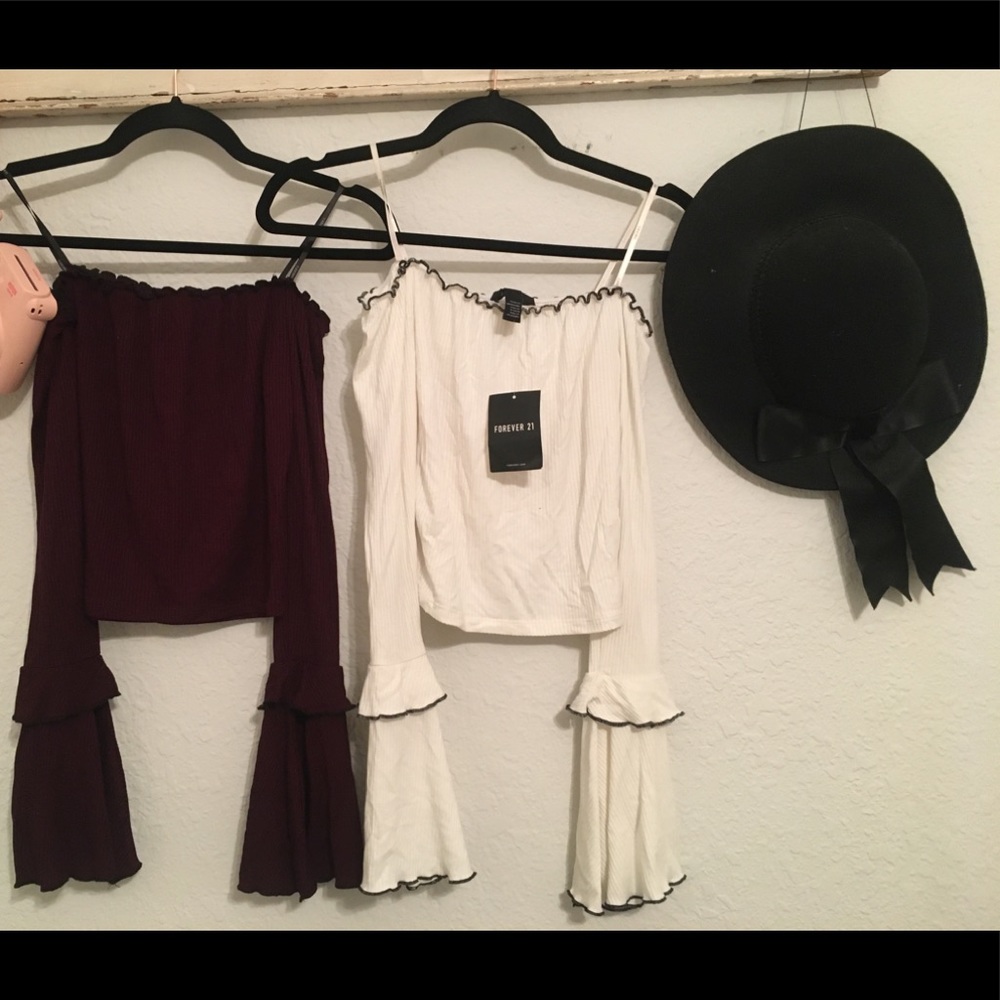 2 Forever 21 off the shoulder crop tops